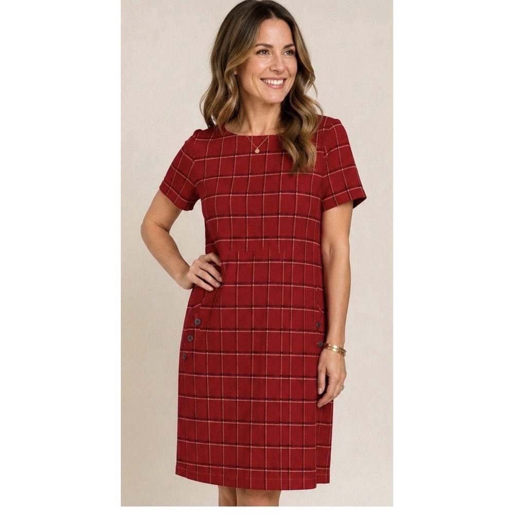J. Jill Women's Ponte Knit Red Plaid Window Pane Shift Dress wButton Pockets L